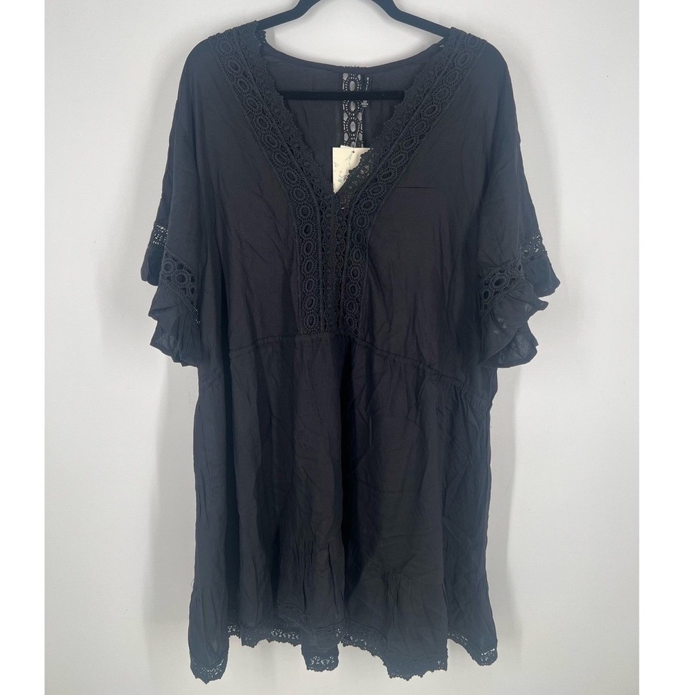 Raviya Black Women's V-Neck Lace Trim‎ Dress Swim Coverup Size 0X NWT